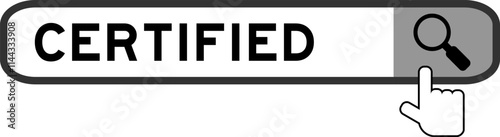 Search banner in word certified with hand over magnifier icon on white background