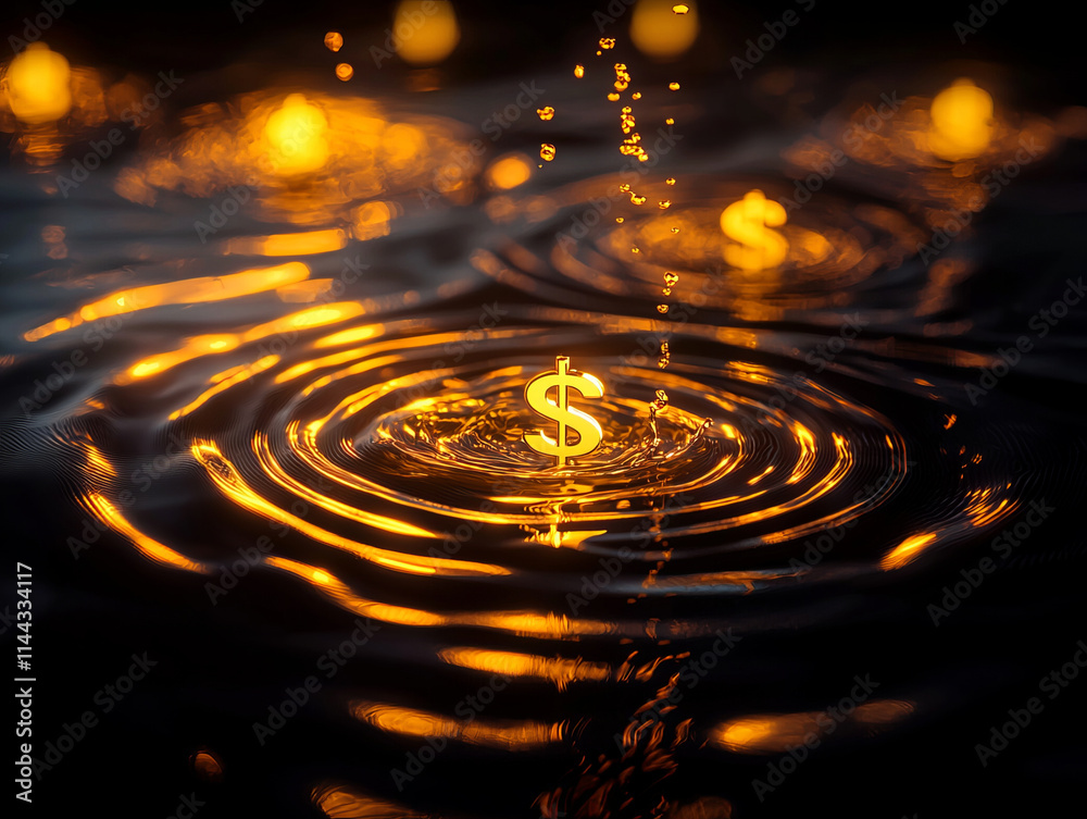 Golden dollar symbols emerge from glowing ripples in dark liquid, creating luxurious and captivating scene