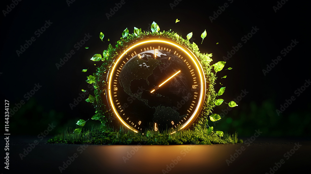 Fototapeta premium Glowing clock encircled by green leaves and moss, symbolizing nature and time