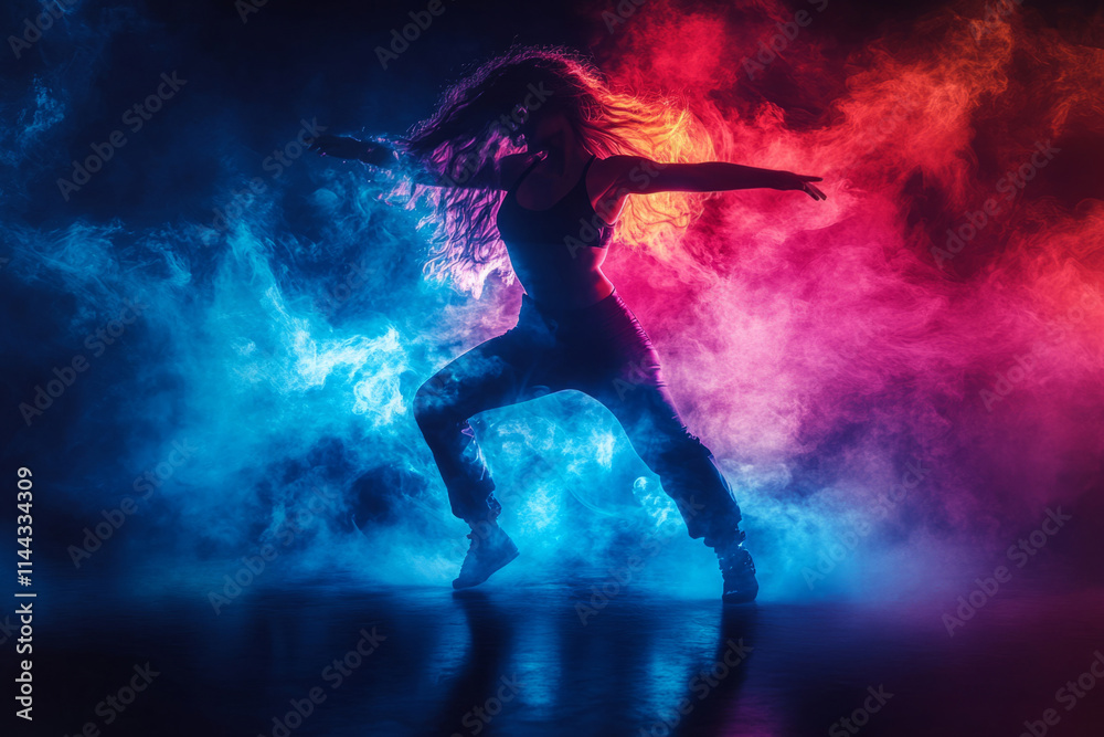 Talented dancer performing a modern dance move with colorful smoke in the background Talented dancer performing a modern dance move with colorful smoke in the background
