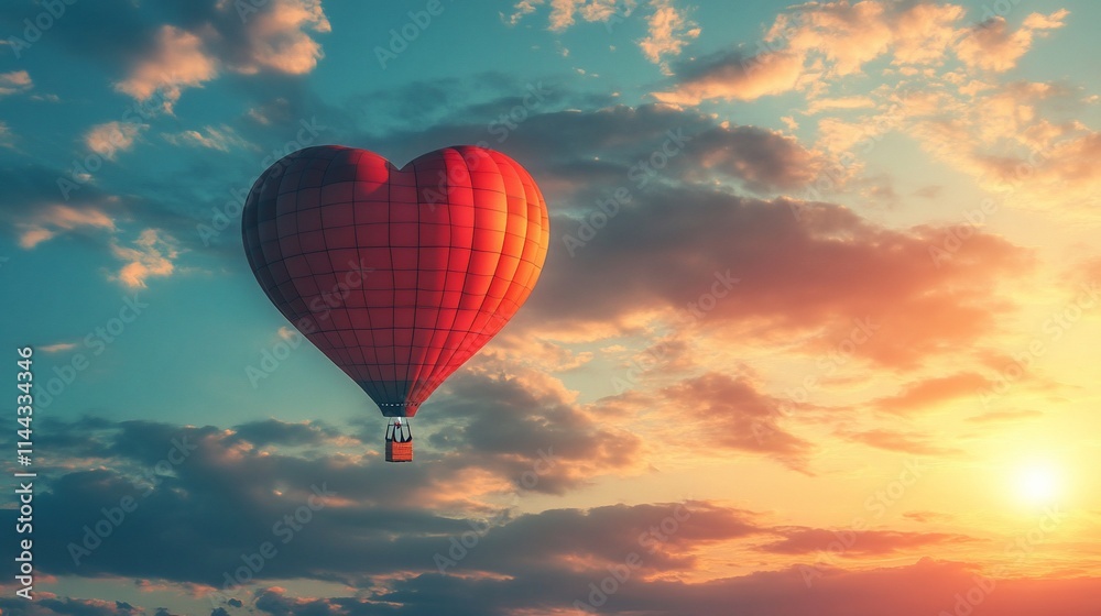 Fototapeta premium Heart-shaped hot air balloon soaring at sunset.