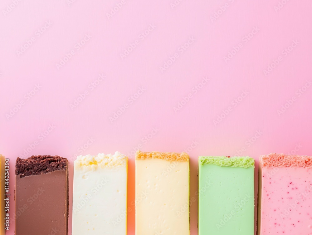 Slices of cheesecake in a cut, a variety of flavors, on a rose background, minimalist photo Slices of cheesecake in a cut, a variety of flavors, on a rose background, minimalist photo