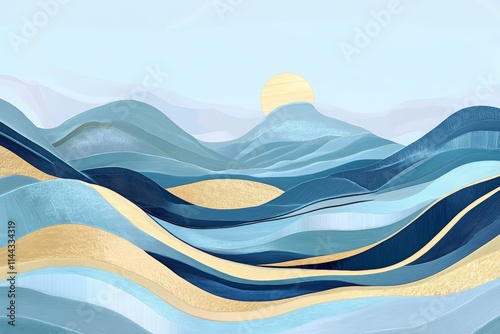 Serene Abstract Landscape Art: Blue Waves and Golden Sunlight for Coastal Decor and Tranquil Home Aesthetics photo