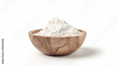 A wooden bowl containing granulated sugar, a versatile ingredient for sweetness. photo