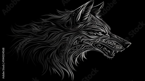 Stylized wolf head illustration on black background. photo