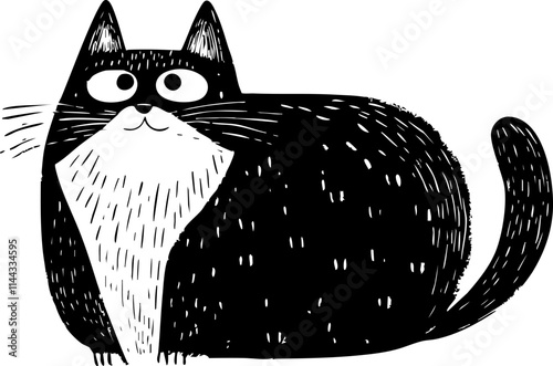 A playful black and white cartoon illustration of a cute, chubby cat with large eyes and a whimsical expression.