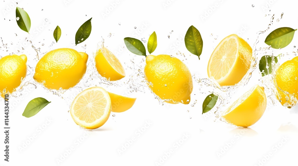 Fresh and Juicy Lemons in Motion with Water Splash and Green Leaves on a White Background for Healthy Lifestyle and Cooking Inspiration Fresh and Juicy Lemons in Motion with Water Splash and Green Leaves on a White Background for Healthy Lifestyle and Cooking Inspiration