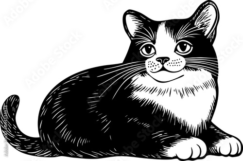 A charming black and white illustration of a cat lying down, showcasing its playful demeanor and cute features.