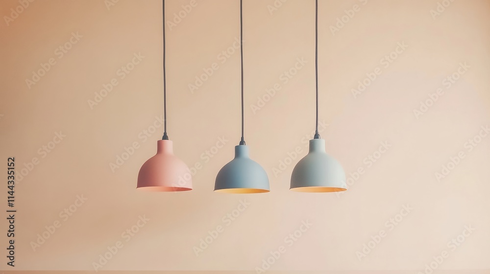 Minimalist pendant lamps in matte pastel tones, arranged symmetrically on a smooth light beige wall for a serene atmosphere Minimalist pendant lamps in matte pastel tones, arranged symmetrically on a smooth light beige wall for a serene atmosphere