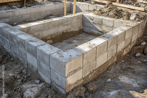 Foundation of a building being constructed using concrete blocks at sunset, showcasing the initial stages of construction