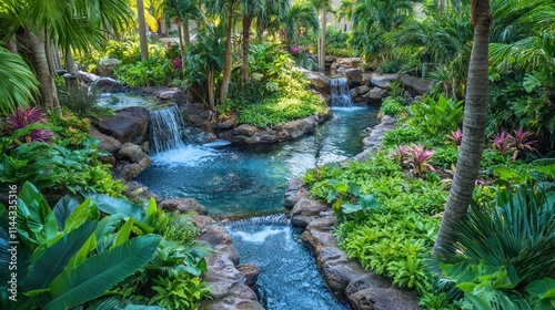 A lush, green tropical rainforest with vibrant plants, palm trees, and a river, symbolizing the equatorial climate zone. photo