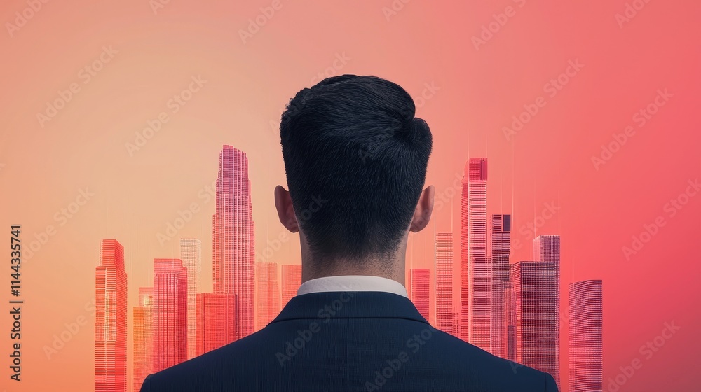 A man in a suit gazes at a futuristic city skyline against a vibrant sunset backdrop, symbolizing ambition and opportunity. A man in a suit gazes at a futuristic city skyline against a vibrant sunset backdrop, symbolizing ambition and opportunity.