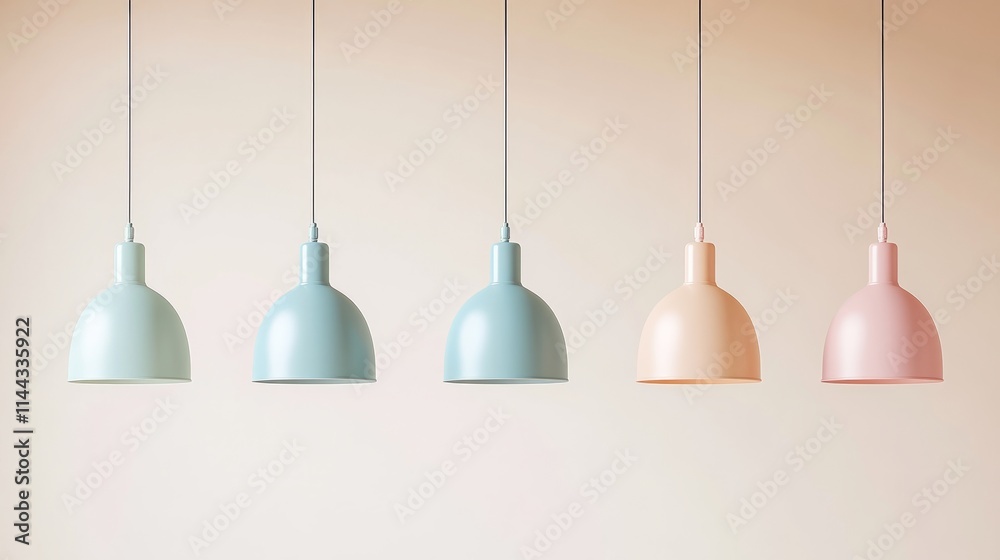 Minimal-style colorful pendant lamps in blush, powder blue, and sage green tones, perfectly arranged against a light ivory background Minimal-style colorful pendant lamps in blush, powder blue, and sage green tones, perfectly arranged against a light ivory background