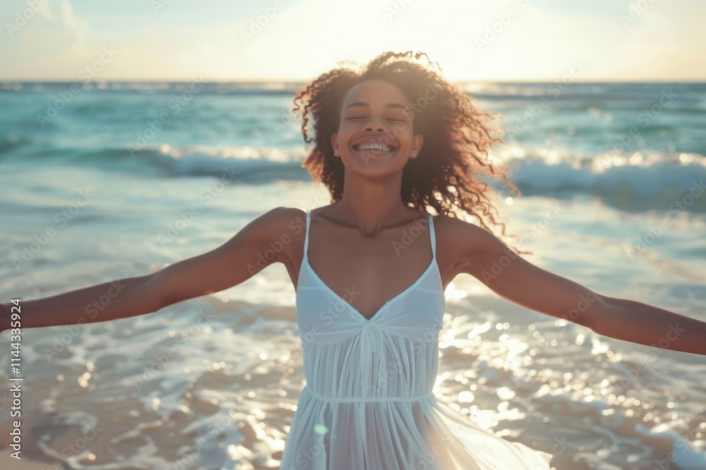 Multicultural woman finds happiness on beach during vacation. Multicultural woman finds happiness on beach during vacation.