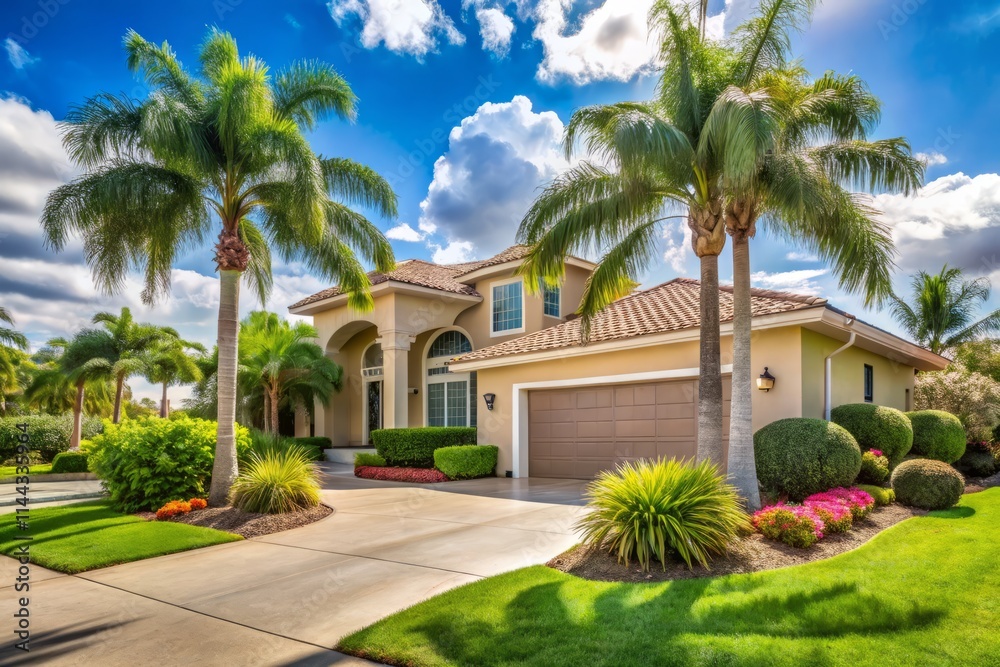 Fototapeta premium South Florida Gated Community Homes: Palm Trees, Garages, Asphalt Roads - Medium Shot Photography