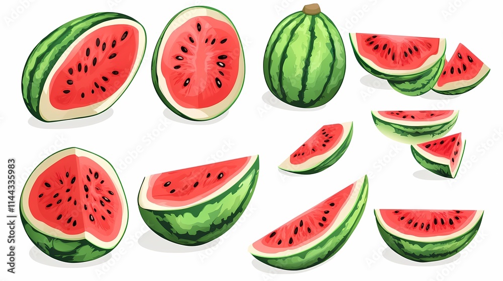 Fresh and Juicy Watermelon Slices and Whole Fruit Illustrations, Perfect for Summer Themes, Healthy Eating, and Refreshing Beverage Concepts Fresh and Juicy Watermelon Slices and Whole Fruit Illustrations, Perfect for Summer Themes, Healthy Eating, and Refreshing Beverage Concepts