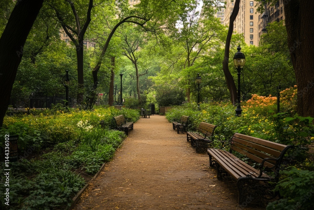 Empty benches covered in fallen leaves create a serene autumnal scene Empty benches covered in fallen leaves create a serene autumnal scene
