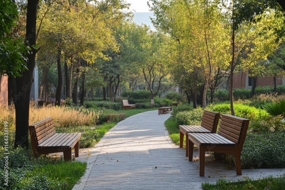 Wooden benches line a paved path, inviting visitors to relax and enjoy the serene atmosphere of a lush green park Wooden benches line a paved path, inviting visitors to relax and enjoy the serene atmosphere of a lush green park