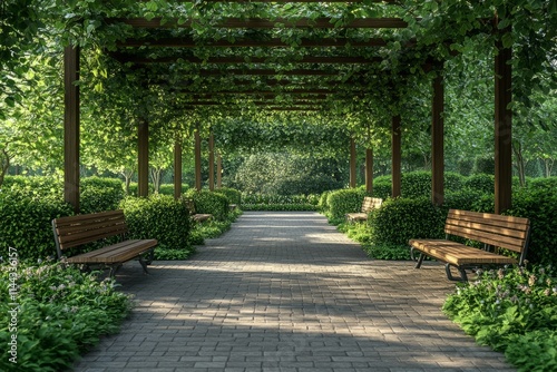 Empty benches resting along a paved pathway covered by a wooden pergola structure with climbing plants in a lush green park photo