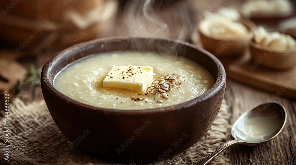 A steaming bowl of creamy milk corn porridge topped with a pat of butter, served with a spoon on a rustic wooden table A steaming bowl of creamy milk corn porridge topped with a pat of butter, served with a spoon on a rustic wooden table