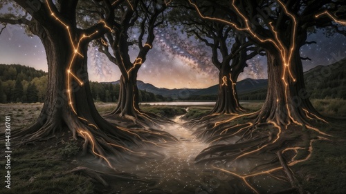 Mystical Forest with Glowing Constellation Trees

