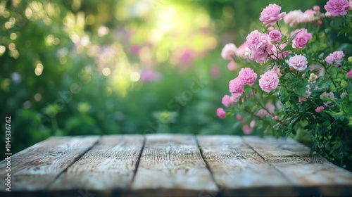 Empty wooden table in beautiful flower garden. Summer background with sunshine and bokeh. photo