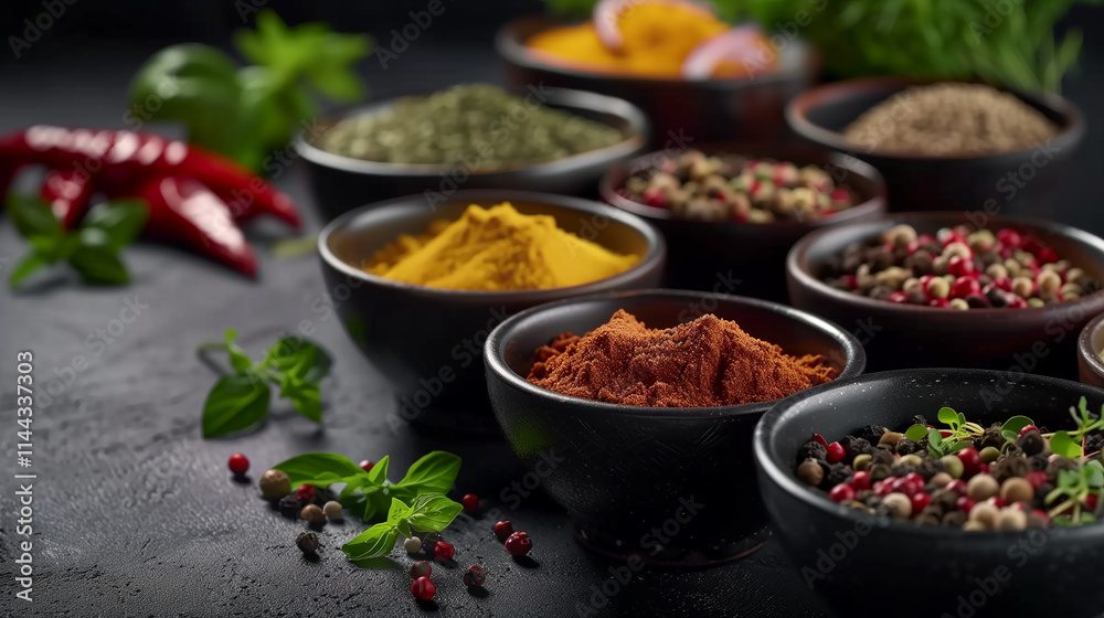 Vibrant Collection of Spices and Herbs on a Rich Dark Background Vibrant Collection of Spices and Herbs on a Rich Dark Background