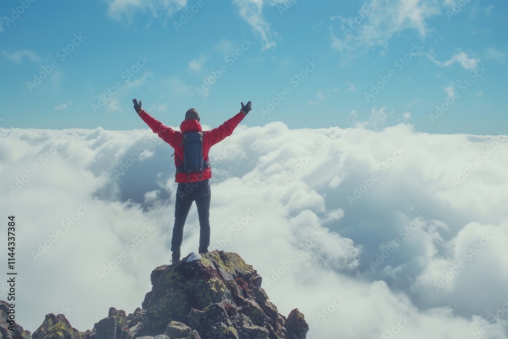 Man on mountain summit enjoying view hands raised travel. Man on mountain summit enjoying view hands raised travel.