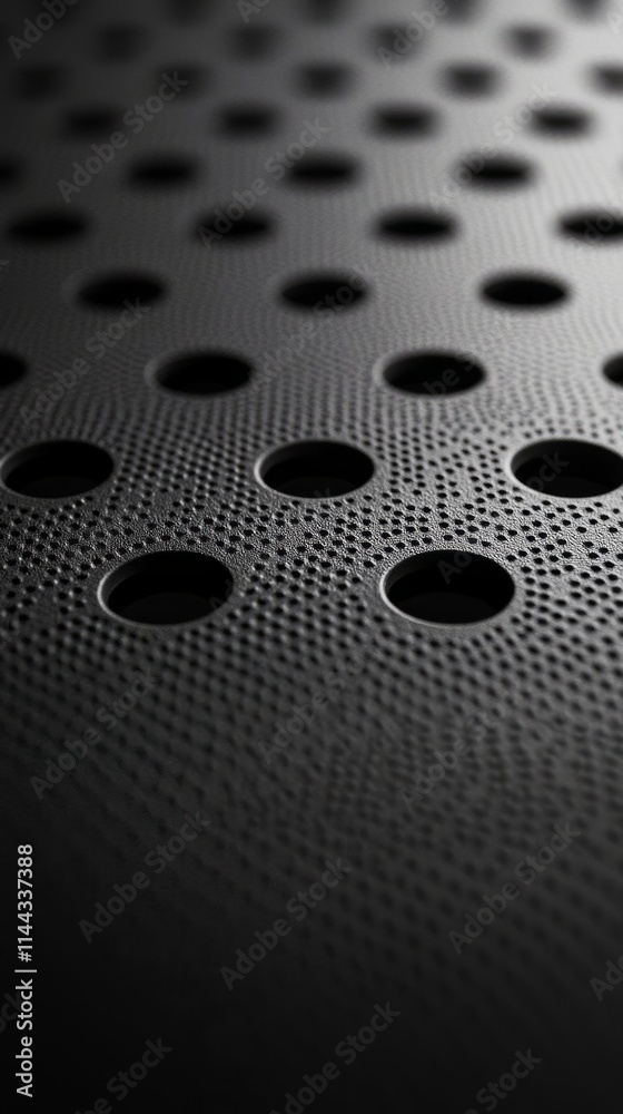 Dark perforated material showing a regular pattern of circular holes fading into the distance