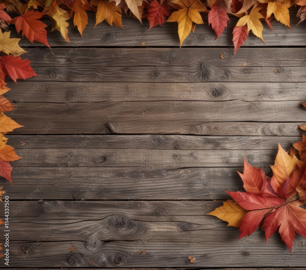 Obraz premium Crisp autumn leaves create a natural frame around weathered wood , foliage, frame, leaves