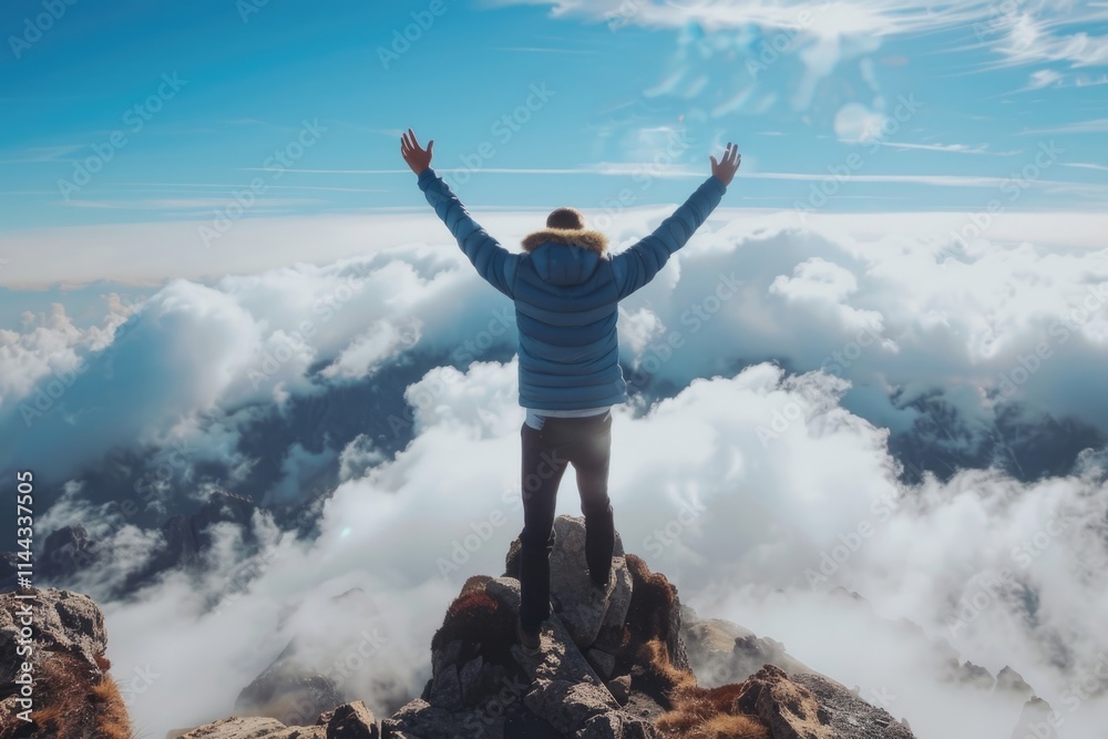 Man on mountain summit enjoying view hands raised travel. Man on mountain summit enjoying view hands raised travel.