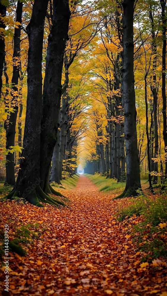 Autumn Leaves Covering a Path Through a Forest of Tall Trees With Golden Foliage Autumn Leaves Covering a Path Through a Forest of Tall Trees With Golden Foliage