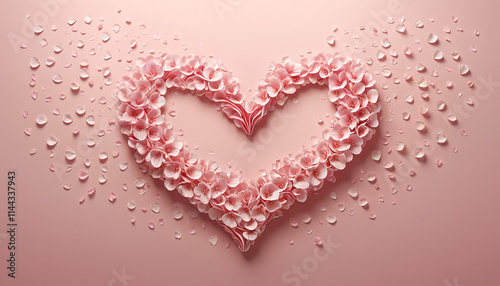 pink rose petals form a heart shape on a light background
