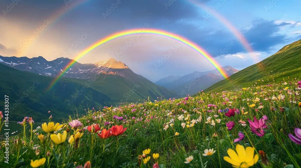 Naklejka premium A stunning rainbow illuminates a meadow of blooming flowers nestled in the mountains
