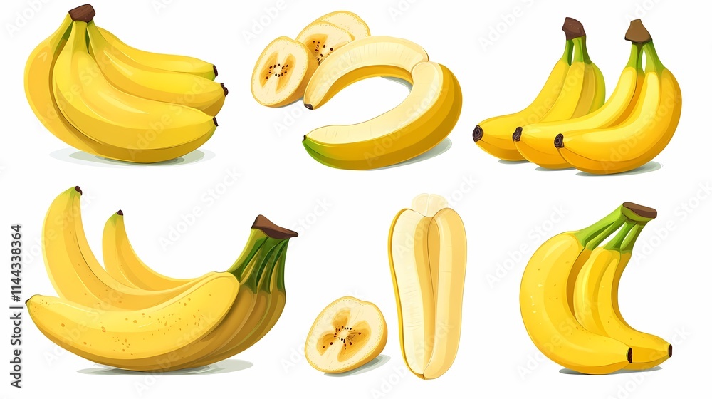 Vibrant Collection of Realistic Yellow Bananas with Whole and Sliced Varieties for Culinary and Health-Themed Illustrations and Designs Vibrant Collection of Realistic Yellow Bananas with Whole and Sliced Varieties for Culinary and Health-Themed Illustrations and Designs