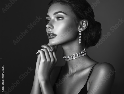 Stunning black and white portrait of a model with elegant jewelry.