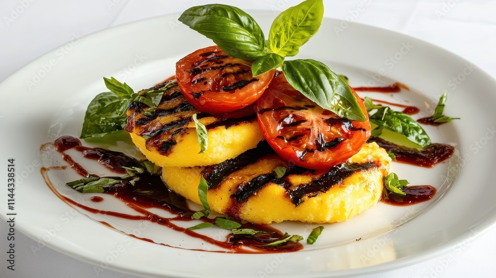 Grilled Polenta Cakes with Roasted Tomato and Fresh Basil Garnish Presentation Grilled Polenta Cakes with Roasted Tomato and Fresh Basil Garnish Presentation