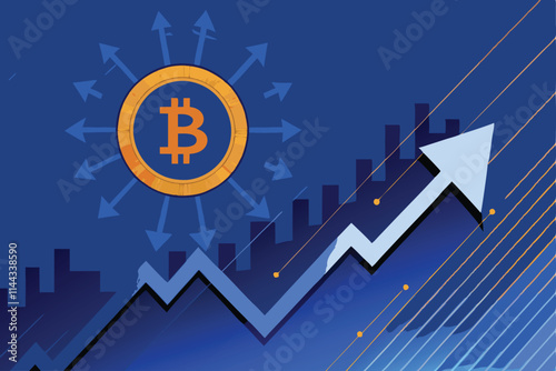 Design a dynamic upward trending vector graph illustrating Bitcoin's price surge from its inception to present, highlighting key milestones.  Use clean lines and vibrant color gradients.