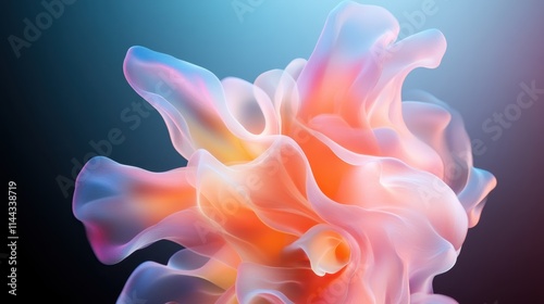 An ethereal composition depicting a bloom with abstract shapes and vibrant colors, artfully rendered to convey motion, grace, and a delicate beauty on a cool background.