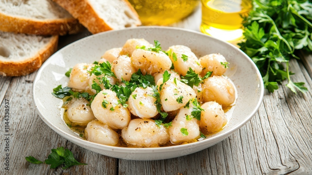 Delicious Gnocchi Dish with Fresh Herbs and Olive Oil on Rustic Table Setting Delicious Gnocchi Dish with Fresh Herbs and Olive Oil on Rustic Table Setting