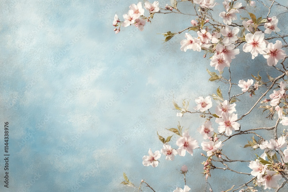 Cherry blossom branch adorned with delicate white flowers against a soft blue background during springtime Beautiful festive background with space for text serene display on a soft white backdrop Cherry blossom branch adorned with delicate white flowers against a soft blue background during springtime Beautiful festive background with space for text serene display on a soft white backdrop