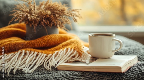 A stylish pashmina shawl folded neatly with a cup of coffee and a book on a cozy table photo