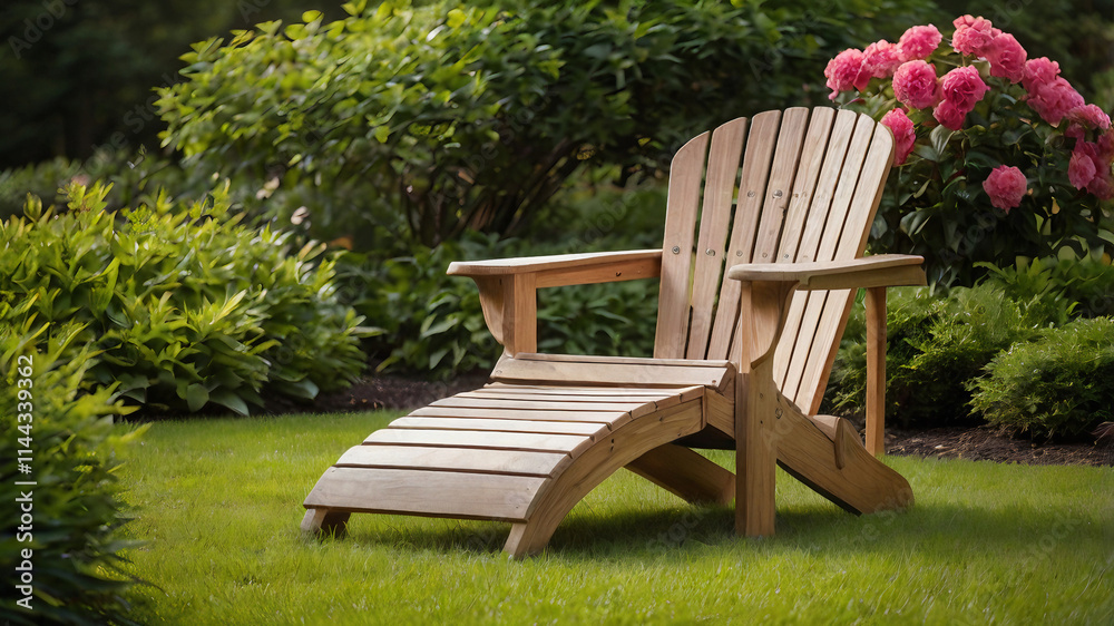 Inviting Adirondack chair in a serene garden for peaceful outdoor relaxation, traditional wooden furniture offering summer comfort, natural leisure, and tranquil solitude. Inviting Adirondack chair in a serene garden for peaceful outdoor relaxation, traditional wooden furniture offering summer comfort, natural leisure, and tranquil solitude.