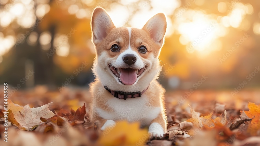 A cheerful corgi sits amidst fallen autumn leaves, bathed in the golden light of a sunset, embodying happiness and the warmth of the fall season.