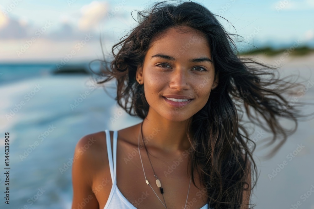 Happy young woman at beach looking at camera. Happy young woman at beach looking at camera.