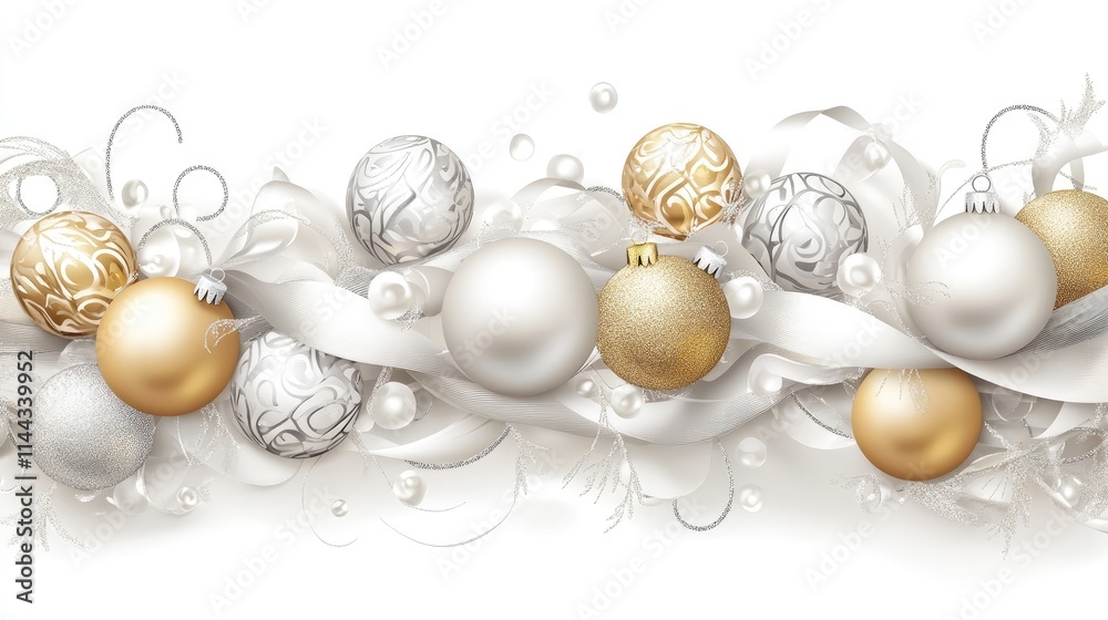 Christmas Decorations with Silver, White, and Golden Baubles on Ribbons Christmas Decorations with Silver, White, and Golden Baubles on Ribbons