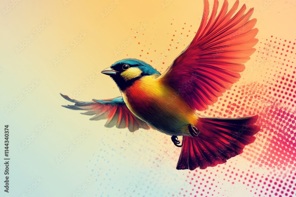 Obraz premium Small colorful bird flying with spread wings in a colorful sky with a halftone pattern