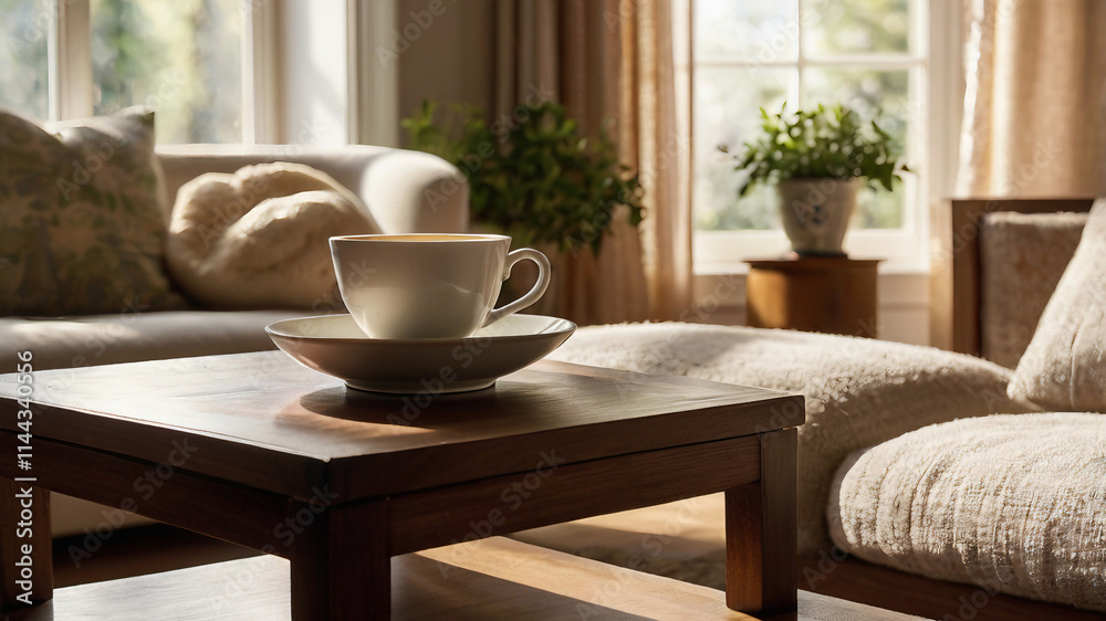 Tranquil morning tea scene with a warm cup on a serene table, sunlit living room setting. Peaceful and cozy home ambiance, perfect for relaxation and a soothing start to the day. Tranquil morning tea scene with a warm cup on a serene table, sunlit living room setting. Peaceful and cozy home ambiance, perfect for relaxation and a soothing start to the day.