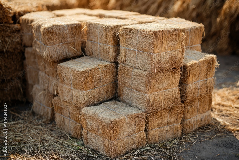 Close-up of straw bales, highlighting their texture and use as sustainable construction material