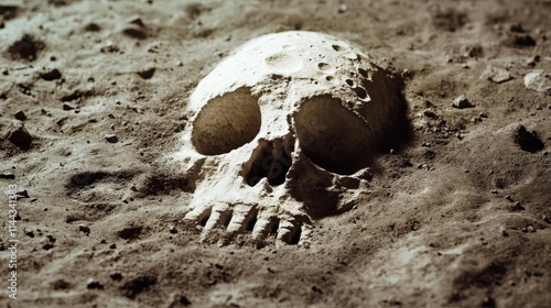 A close-up view of a human skull partially buried in the desolate lunar soil, provoking thoughts of mystery and humanity’s existential explorations. photo